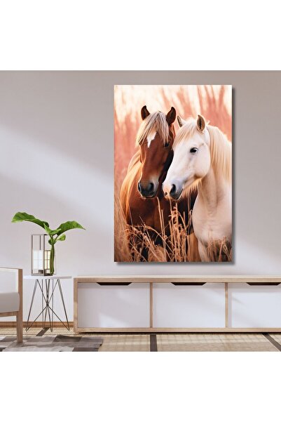 GAAGART Tekli Dikey Kanvas Duvar Tablosu Beyaz At ve Kahverengi At