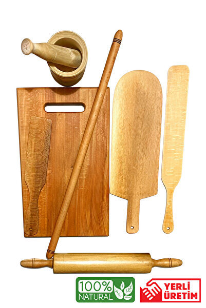 Kitchen Mania Ahşap çeyiz seti-oklava,merdane,kesme tahtası,havan,çevirgeç