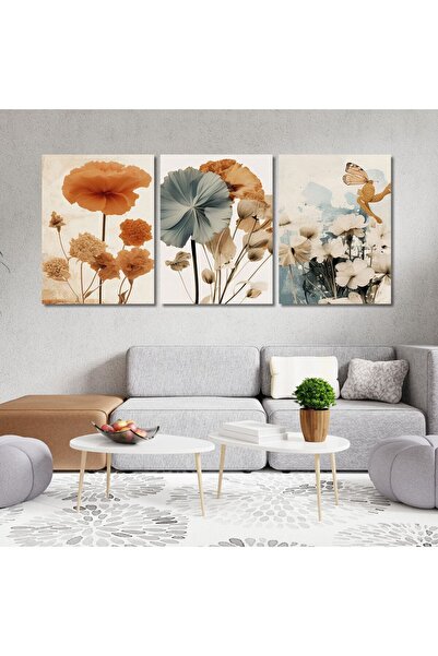 GAAGART 3'lü Kanvas Duvar Tablosu Turuncu Çiçek ve Kelebek Tasarımı