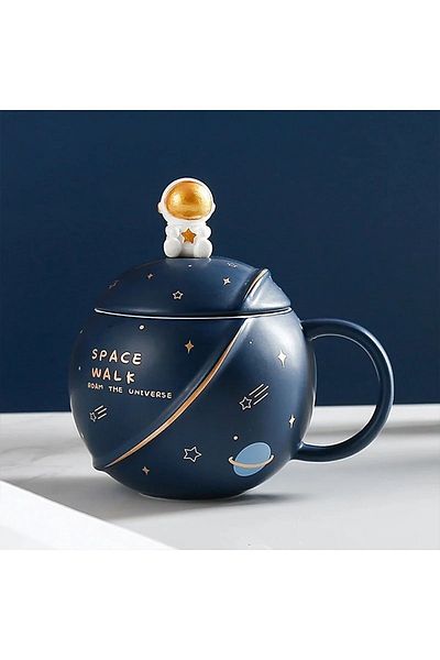 Baco Astronaut Space Themed Dark Blue Mug with Lid and Spoon