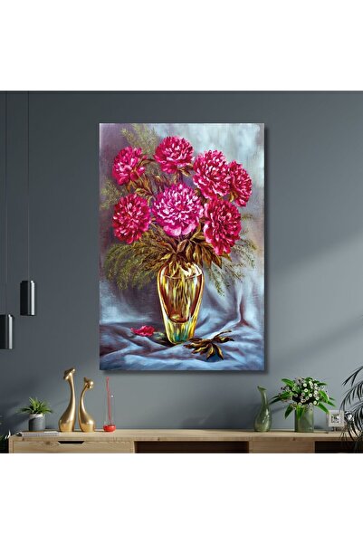 GAAGART Tekli Dikey Kanvas Duvar Tablosu Vazoda Koyu Pembe Çiçekler