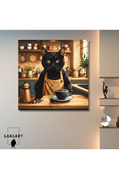 GAAGART Kare Kanvas Kahve Köşesi Cafe Tablosu Barista Siyah Kedi
