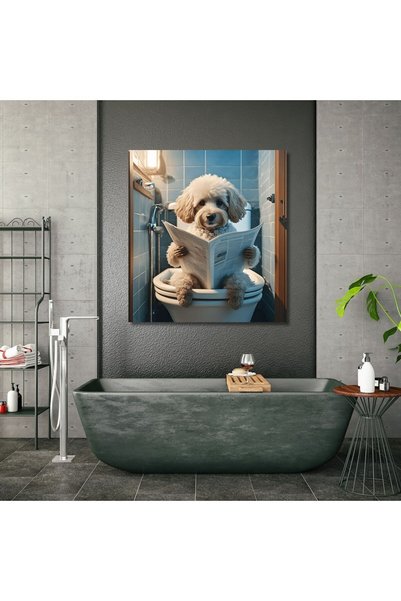 GAAGART Tekli Kare Kanvas Banyo Tablosu Gazete Okuyan Beyaz Poodle