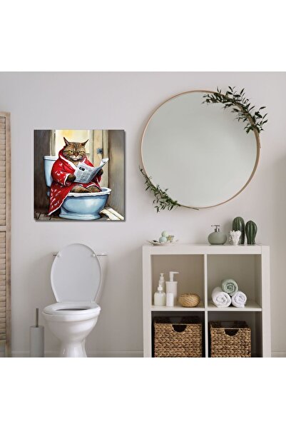 GAAGART Tekli Kare Kanvas Banyo Tablosu Tabletle Oynayan Tekir Kedi