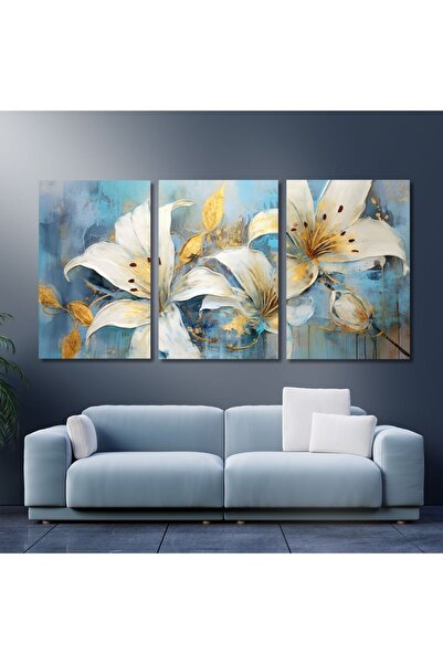 GAAGART 3'lü Kanvas Duvar Tablosu Seti Mavi Beyaz Zambak Görseli