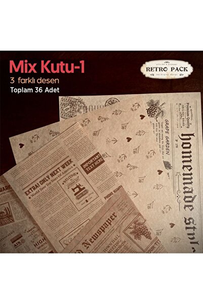 Retro Pack 2 paket bir arada, 36+36=72 Adet Desenli Yağlı Sunum Kağıdı-5 Farklı Desen-Yağlı Kağıt