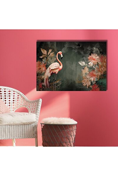 GAAGART Tekli Yatay Kanvas Tablo Pastel Pembe Flamingo ve Yapraklar