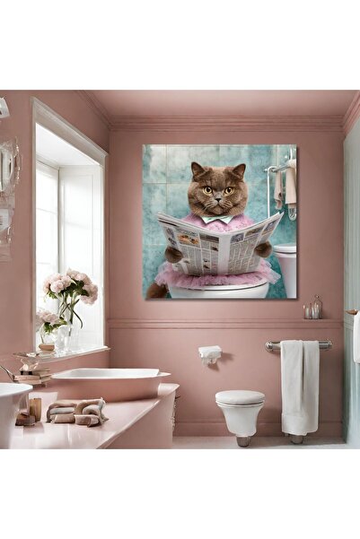 GAAGART Tekli Kare Kanvas Banyo Tablosu Gazete Okuyan British Shorthair Kedi