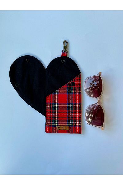 İsella Red Plaid Patterned Black Heart Glasses