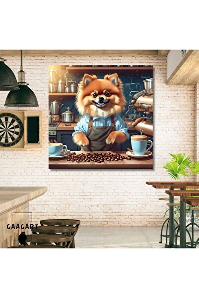 GAAGART Kare Kanvas Kahve Köşesi Cafe Tablosu Barista Pomeranian Köpek