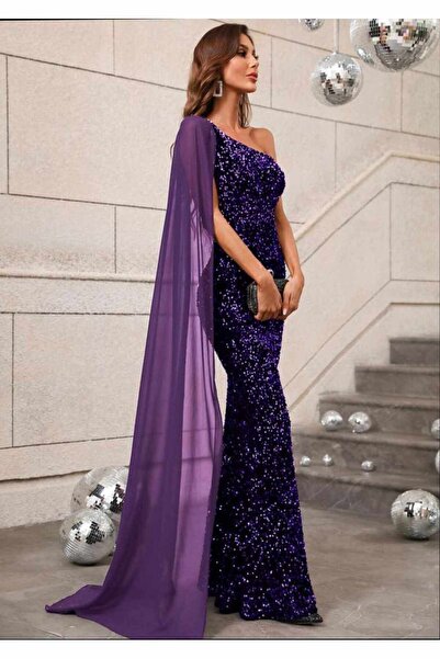 SELİN MODA EVİ Sametové šaty na jedno rameno – design s šifonovou pláštěnkou a rukávem