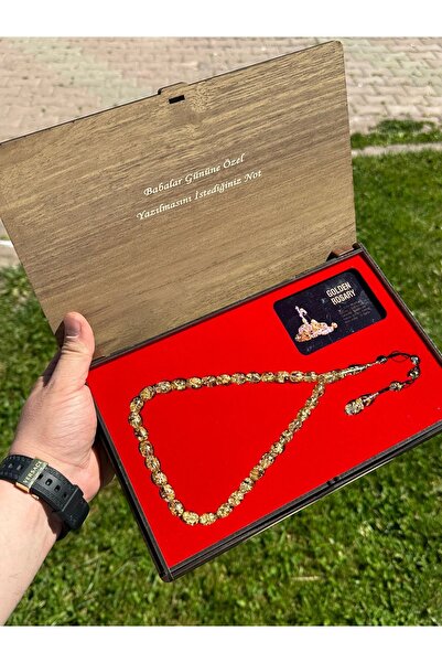 TESBİHSARAYI Mărgele de rugăciune de chihlimbar - Rozariu auriu de 8x12 mm cu certificat și cutie de lemn