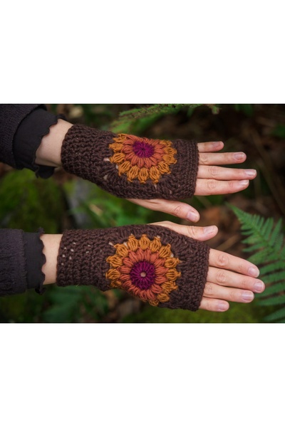 El örgüsü Parmaksız Papatya Detaylı Eldiven, El Örgüsü eldiven , Tığ işi eldiven