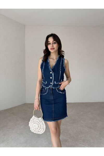 popibutik Yıkamalı Denim Etek Yelek Takım