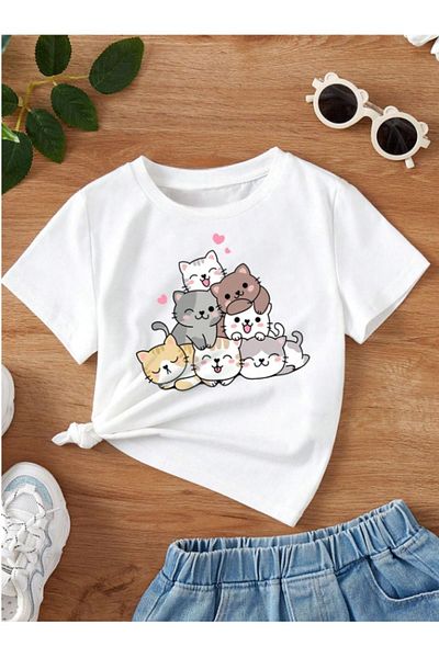 Pelna Tricou Alb din Bumbac - Model Trend Copii, Imprimat Pisica