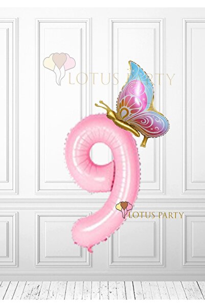 LOTUS PARTY بالون فويل على شكل فراشة وردية - رقم وردي - بالون فويل على شكل فراشة ذهبية لعمر 9 سنوات