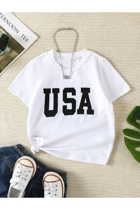Pelna Cocuk Trend Model Usa Bask l Pamuklu Beyaz T shirt K z erkek Fiyat Yorumlar Trendyol