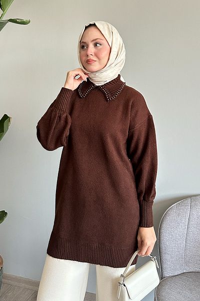 InStyle Pulover de tricotaj cu perle maro amar