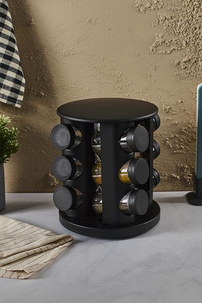 Perotti Casa Black Set of 12 - Black Spice Rack Set with Rotating Stand and Round Glass