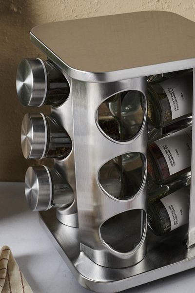 Perotti Casa Inox 12-piece Spice Rack Set - Metal Swivel Stand and Square Glass Metal Lid