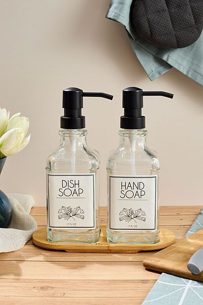 Perotti Set dozator de săpun de bucătărie transparent Lozione din 2 piese - 500 ml cu tavă de bambus