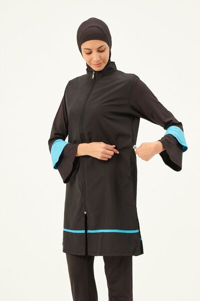 vawensea Women's Solid Color Sleeves Frilly Parachute Sleeves and Leggings Lycra Hijab Swimsuit Set of 4 Black