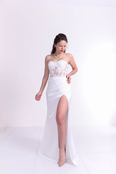 Engin Moda Beyaz Saten Drabe Ve Yırtmac Detaylı Balık Kesim Nişan Nikah Ve Sö...