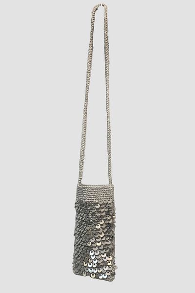 Uretti Rukiye 7294 - Geanta pentru telefon gri cu paiete din frânghie macrame 20cm