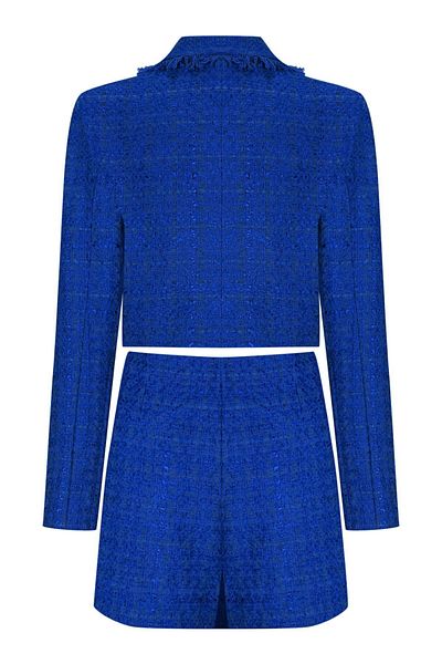 PleasureOfSilk Tweed Saks Blue Crop Jacket and Shorts Skirt Set