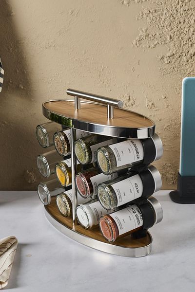 Perotti Casa Wood 12-piece Oval Cam Metal Lid Spice Rack Set - with Wooden Rotating Stand