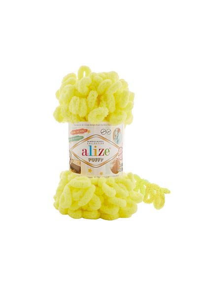 Alize Puffy 552 Neon Yellow Slippers Blanket - 5 Hand Knitted Threads and Mop Yarn