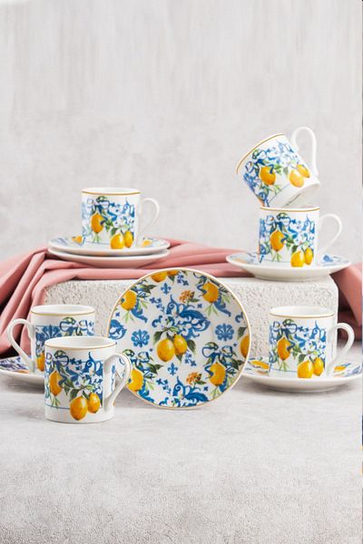 Perotti 14372 Lemon Patterned 12-Piece Turkish Coffee Cup Set for 6 People