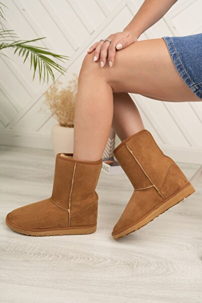 Reyonda ayakkabı Yeni Sezon Taba Süet Yarım Bot İçi Tüylü Düz Taban Kadın Ayakkabı