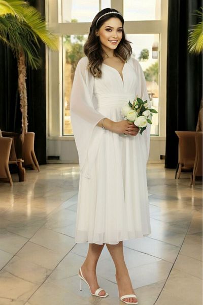 FaBe Fashion Λευκό σιφόν μίντι φόρεμα - μακριά μανίκια, λαιμόκοψη και μέση με κορδόνια, για σκοποβολή γάμου και αρραβώνων