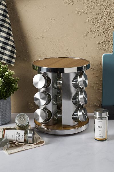 Perotti Casa Wood 12-piece Round Glass Metal Lid Spice Rack Set - with Wooden Rotating Stand