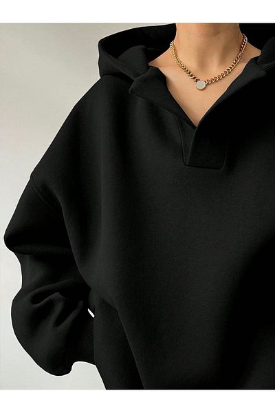 Deocept V-Neck Unisex Oversize Hooded Swetshirt