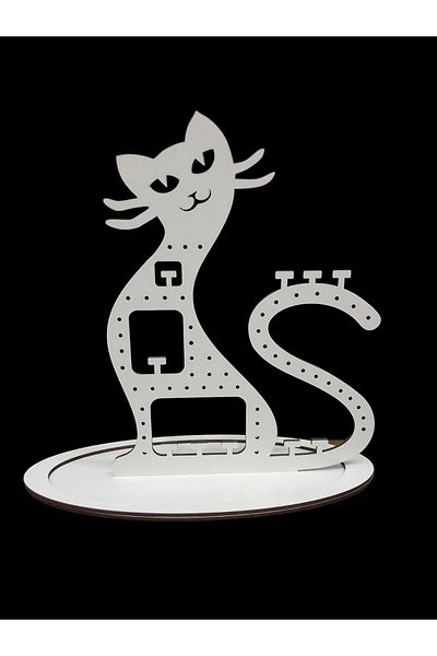 öyküdekor Jewelry Earring-Necklace Stand with Wooden Cat Figure