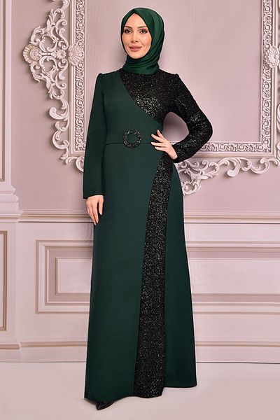 Ayşe Melek Emerald Sequin Detailed Hijab Evening Dress - Women's Clothing 2524