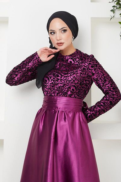 Ayşe Melek Purple Satin Evening Dress - Embossed Pattern, Model 1042
