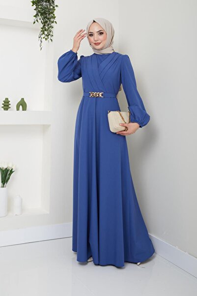 Ayşe Melek Kadın Giyim Abiye Moda Zincir Kemerli Tesettür Elbise 2646 Indigo