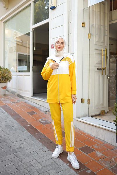 BURCU TESETTÜR Hooded Double Tracksuit Set TRN1016 Yellow