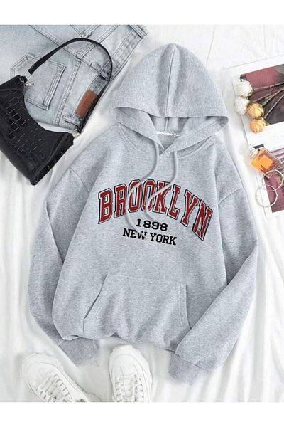 MELADYAN Hanorac oversize unisex cu glugă cu imprimeu Brooklyn