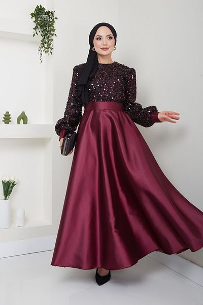 Ayşe Melek Burgundy Satin Evening Dress - Sequin Detailed, Fashion Clothing 2537