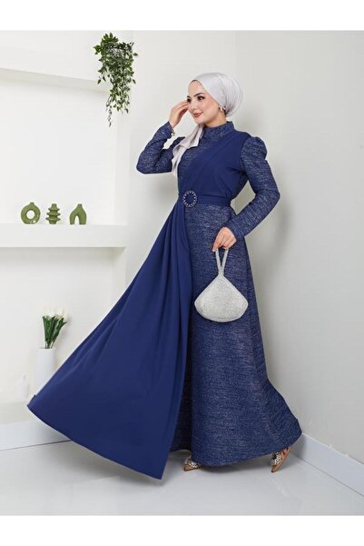 Ayşe Melek Kadın Giyim Abiye Moda Simli Pileli Abiye Elbise 2538 Lacivert