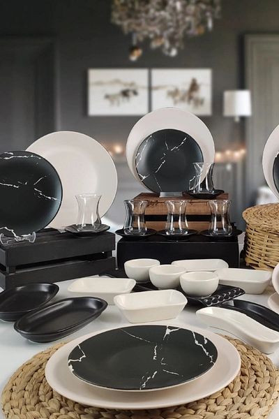 Keramika 36 Pieces for 6 People - Black and White Marble Patterned Breakfast Set