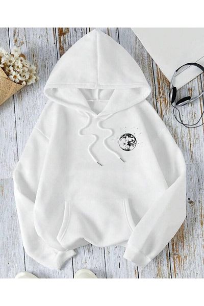 SAJA Planet and Moon Printed UNISEX Oversize Hooded Sweatshirt - Kangaroo Pocket