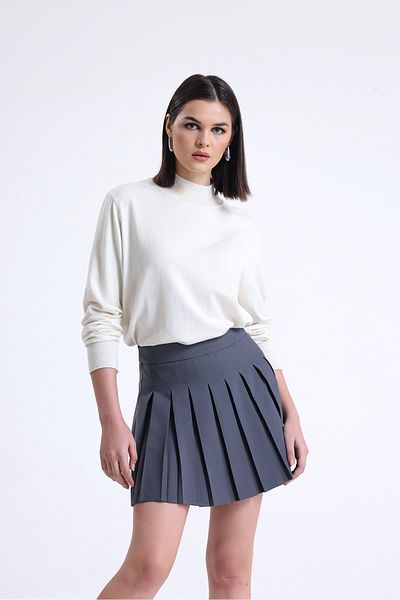 ONE8 Pleated Mini Skirt with Back Waist Elastic Zipper Dark Gray Color