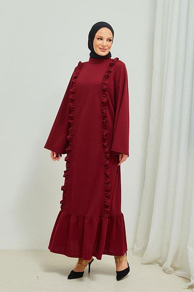 BURCU TESETTÜR Claret Red Hijab Φόρεμα - Λεπτομέρεια βολάν, Abaya Brc11m01