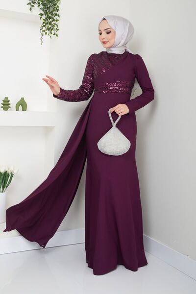 Ayşe Melek Kadın Giyim Abiye Moda Pul Payet Pelerinli Tesettür Balık Abiye Elbise 2711 Mürdüm