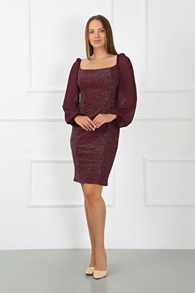 Ayşe Melek Kadın Giyim Abiye Moda Simli Şifon Kollu Elbise 2713 Mürdüm